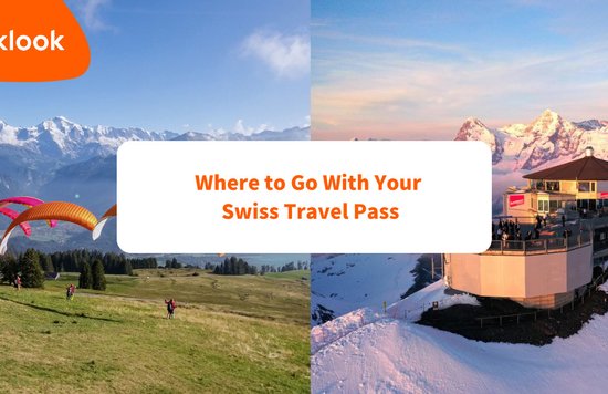 two photos of snow-capped mountains in switzerland and the title of the article in the middle